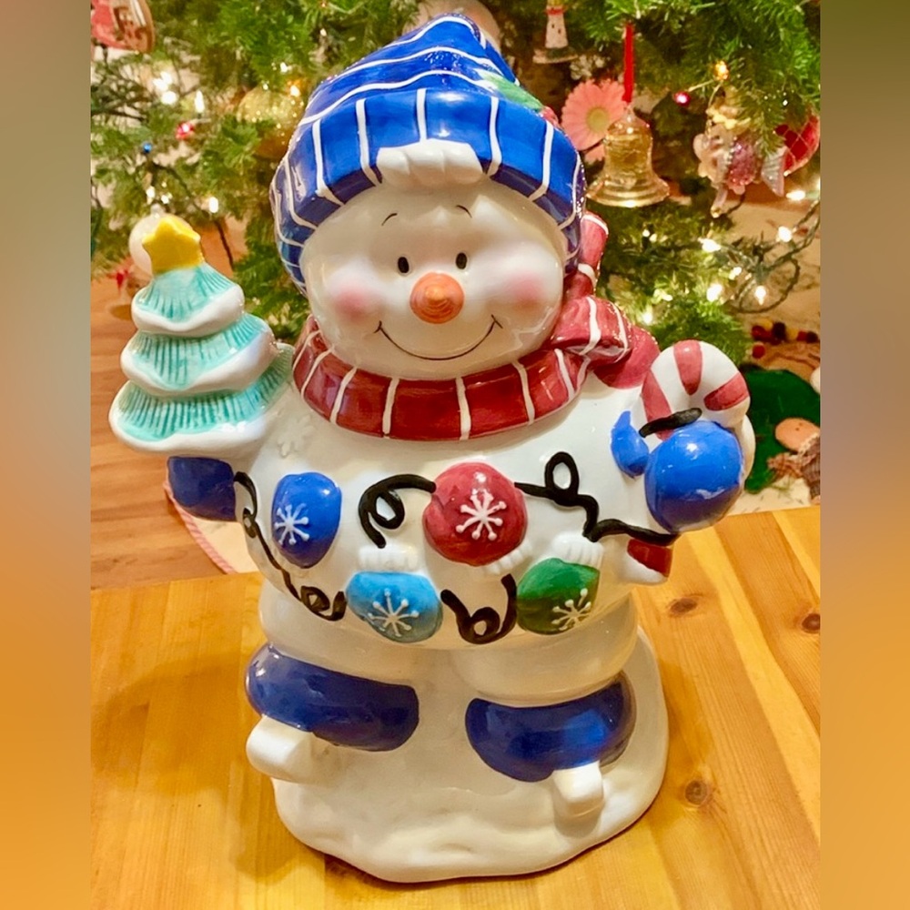 Vintage Houston Harvest, Snowman cookie jar, Blue Willow, EUC